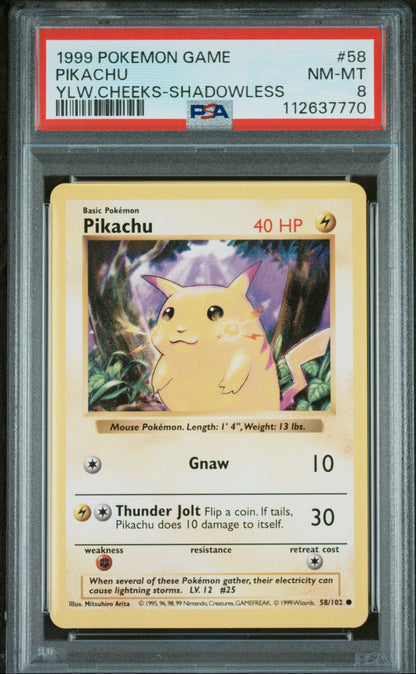 1999 Pokemon Base Set Yellow Cheeks Shadowless Pikachu #58 PSA 8