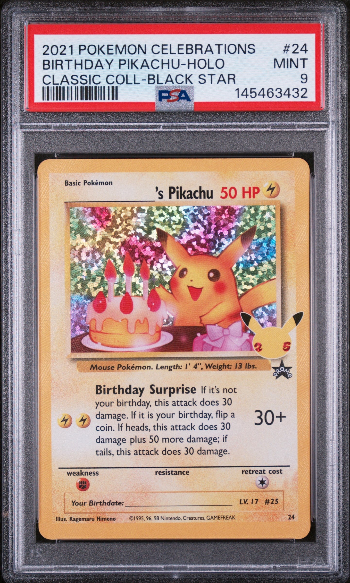 2021 Pokemon Celebrations Black Star Promo Classic Collection Holo Birthday Pikachu #24 PSA 9