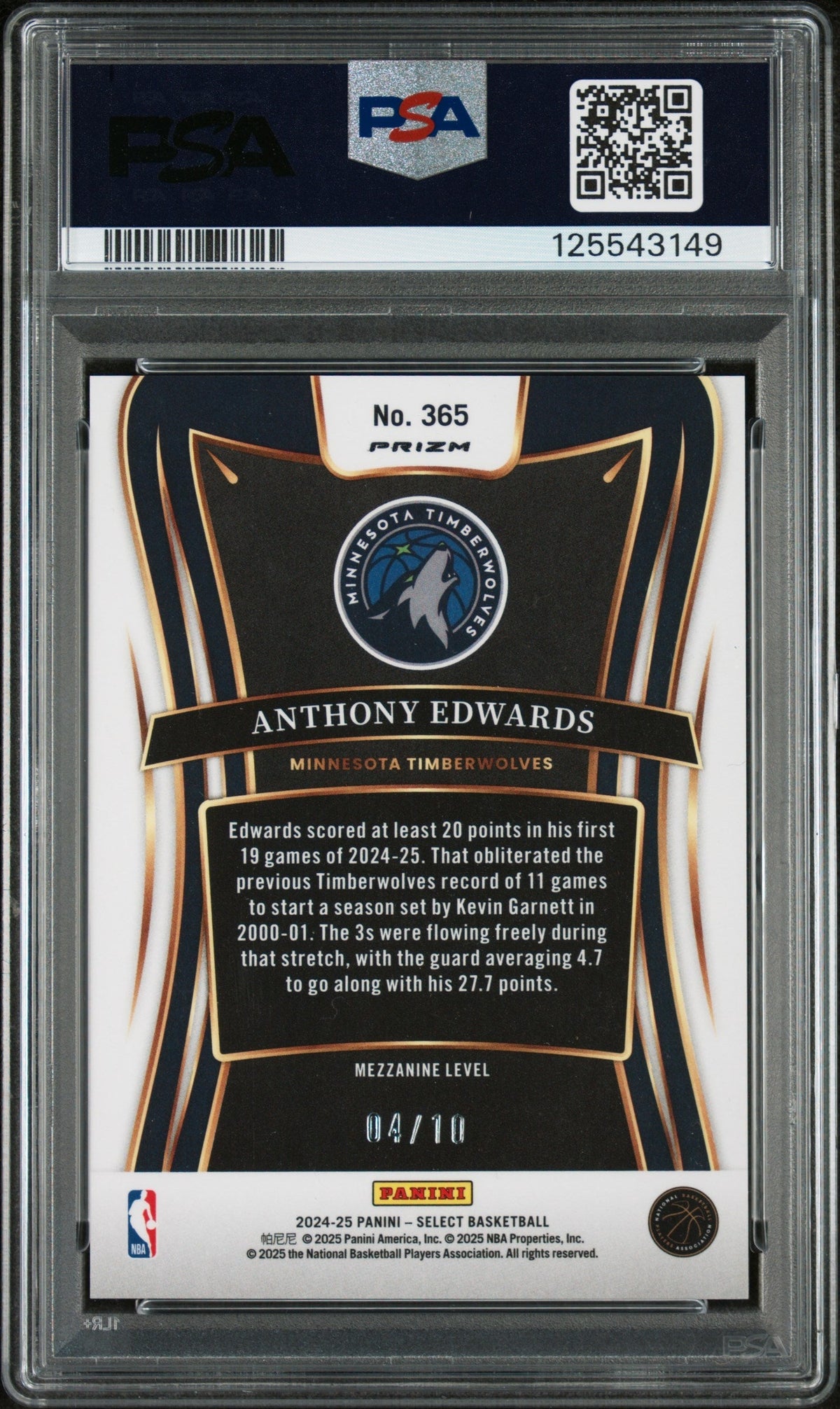 2024 Panini Select Gold Flash Anthony Edwards #365 /10 PSA 10