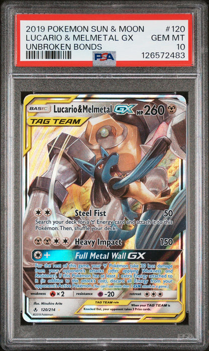 2019 Pokemon Sun and Moon Unbroken Bonds Lucario/Melmetal Gx #120 PSA 10