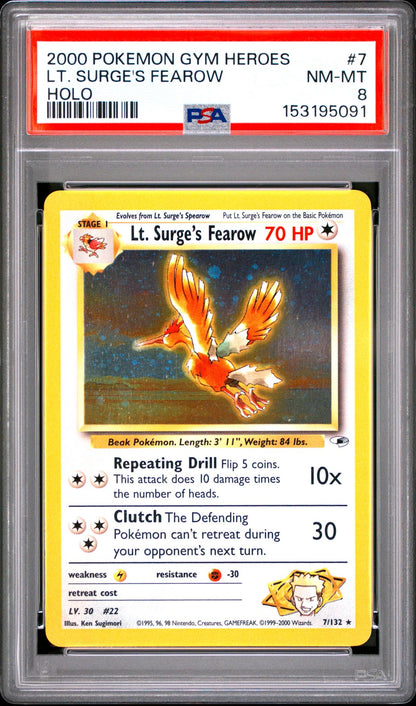 2000 Pokemon Gym Heroes Holo Lt. Surge's Fearow #7 PSA 8