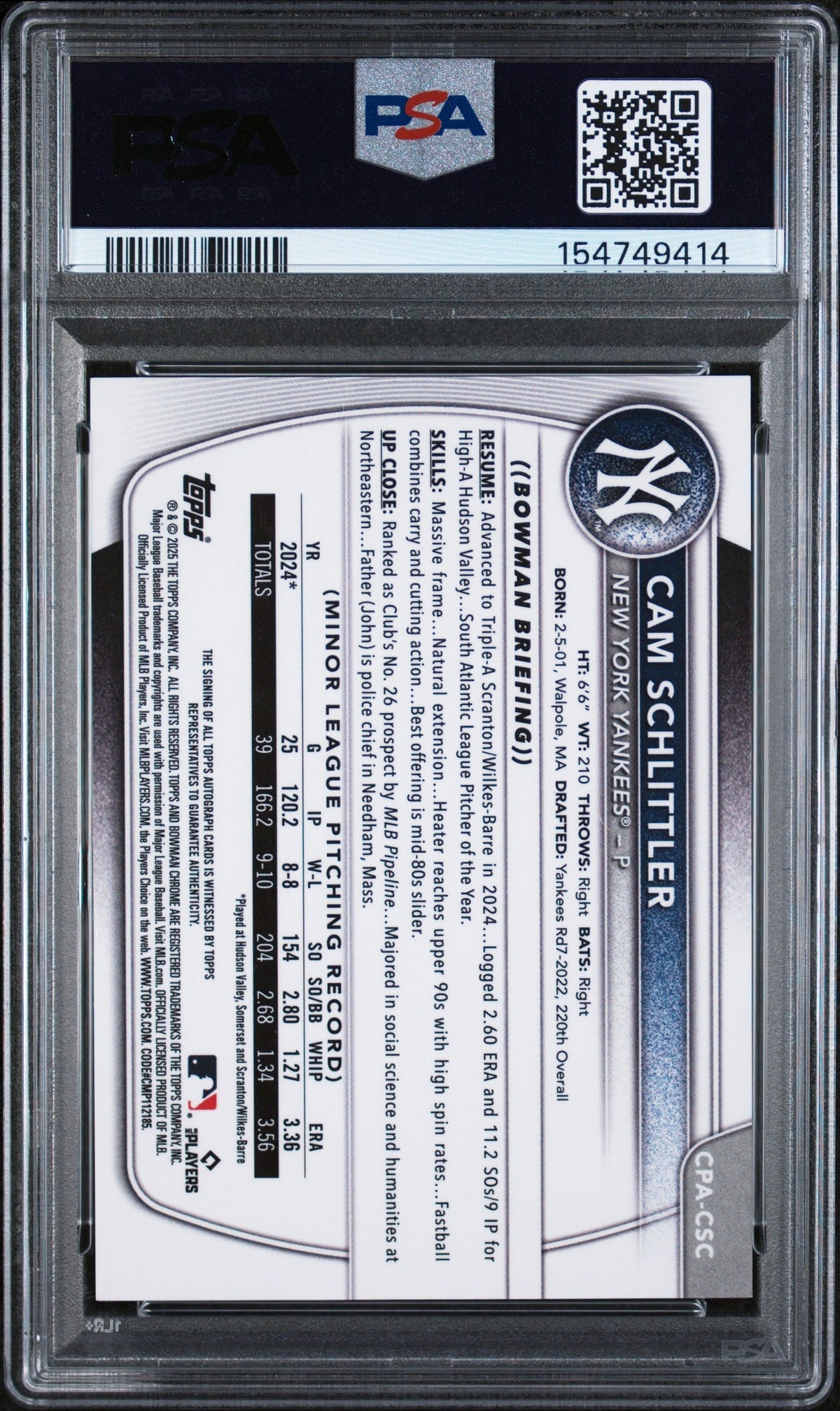 2025 Bowman Chrome Prospect Autographs Green Reptilian Cam Schlittler #CPACSC /99 PSA 9