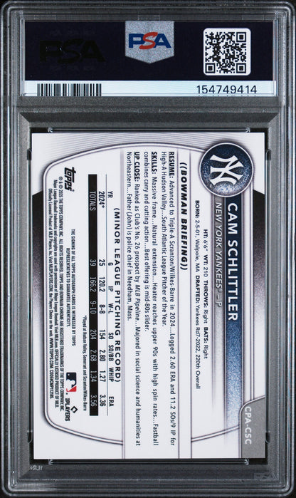 2025 Bowman Chrome Prospect Autographs Green Reptilian Cam Schlittler #CPACSC /99 PSA 9