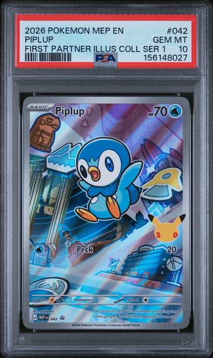 2026 Pokemon Mega Evolution Black Star Promo First Partner Illustration Collection Series 1 Piplup #042 PSA 10