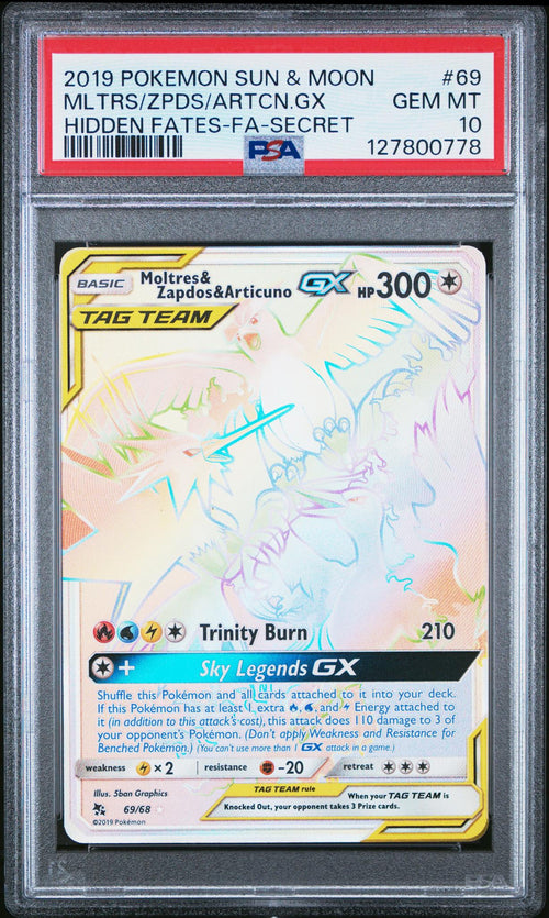 2019 Pokemon Sun and Moon Hidden Fates Secret Rare Articuno/Moltres/Zapdos Gx #69 PSA 10