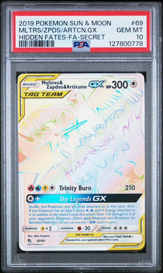 2019 Pokemon Sun and Moon Hidden Fates Secret Rare Articuno/Moltres/Zapdos Gx #69 PSA 10