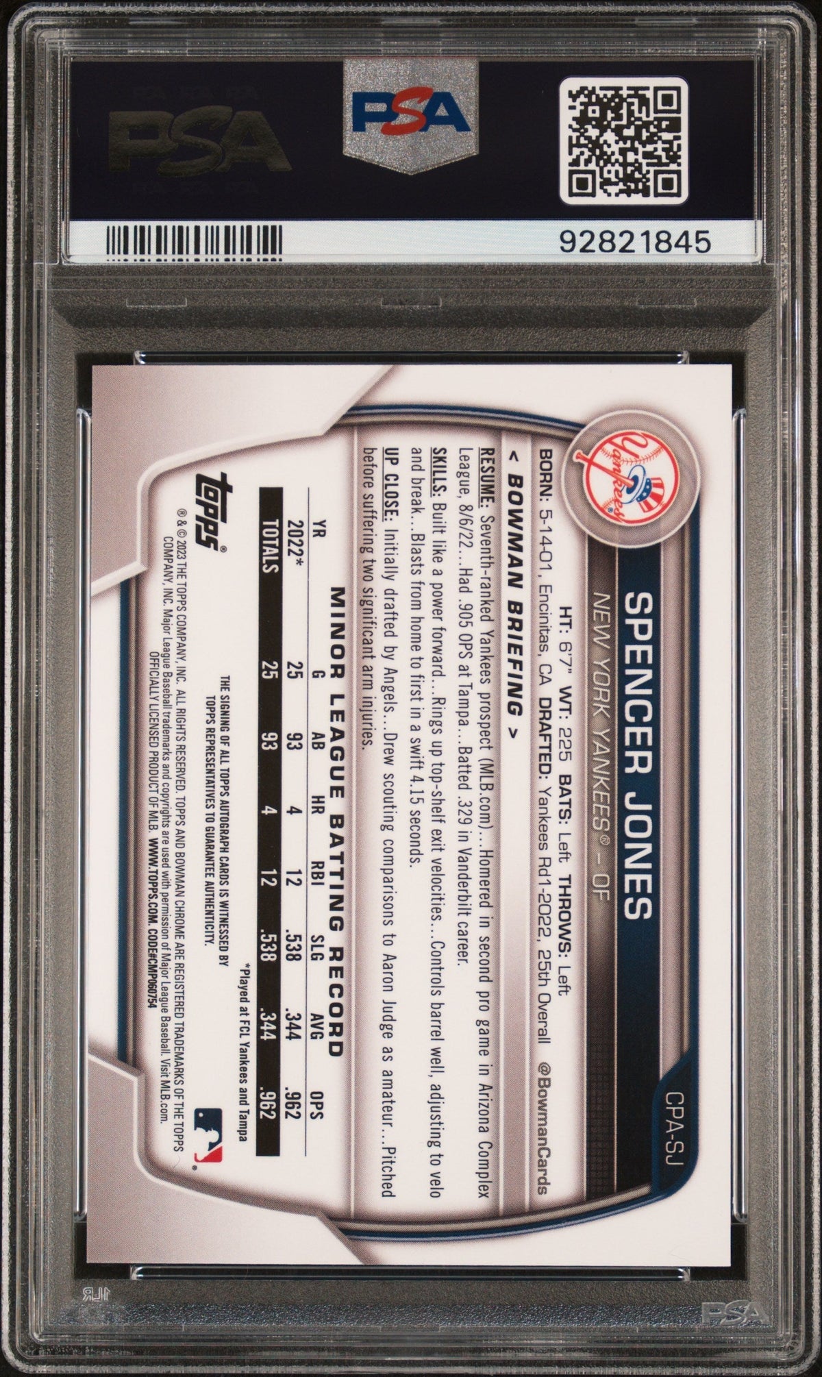 2023 Bowman Chrome Spencer Jones 1st Auto Gold Shimmer Refractor /50 PSA 10