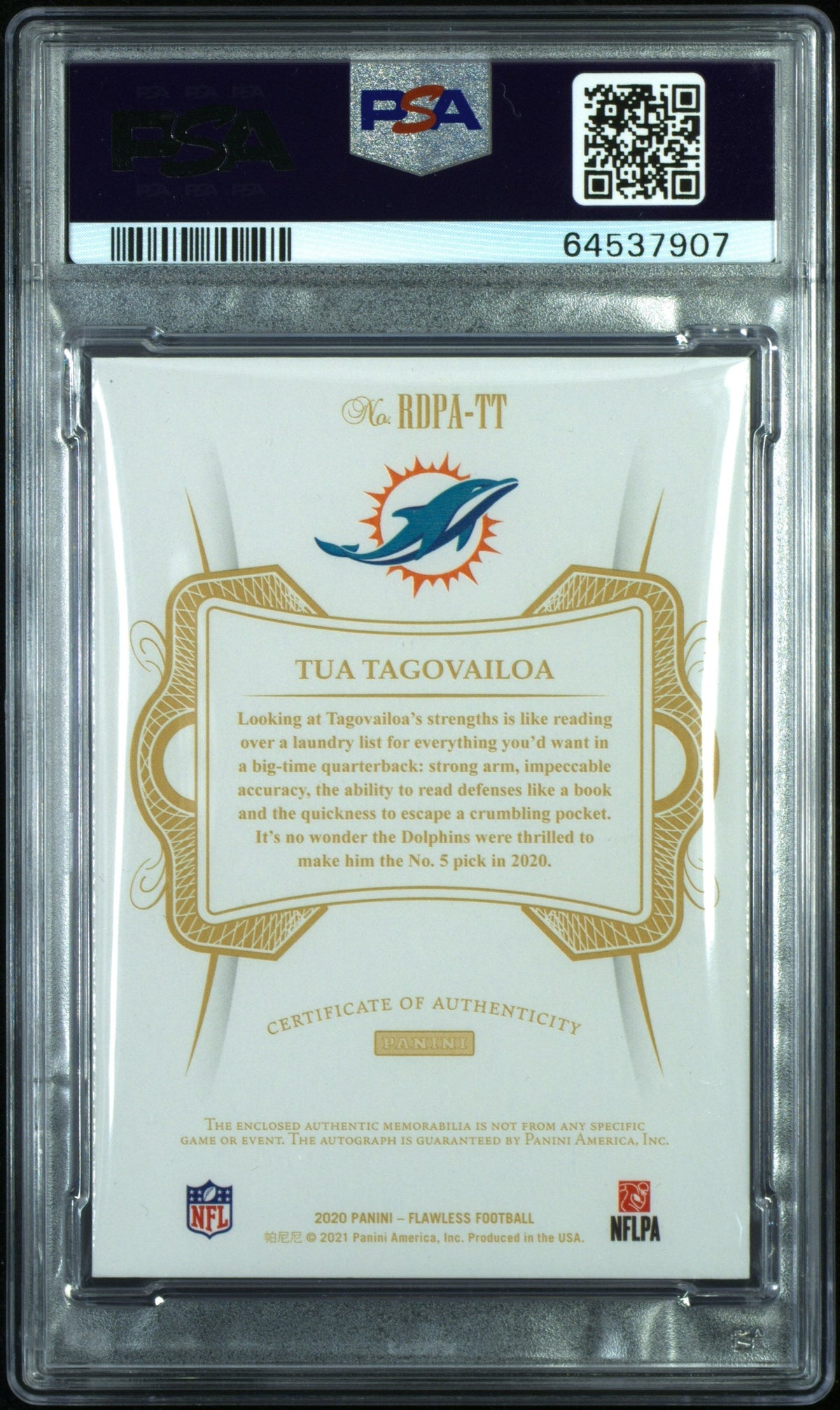 2020 Flawless Tua Tagovailoa Rookie Dual Patch Auto Silver /20 PSA 10 PC