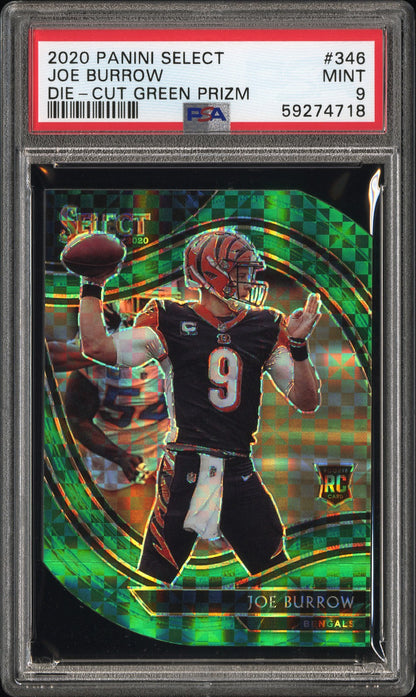 2020 Panini Select #346 Joe Burrow Rookie RC Green Prizm Die Cut /5 PSA 9
