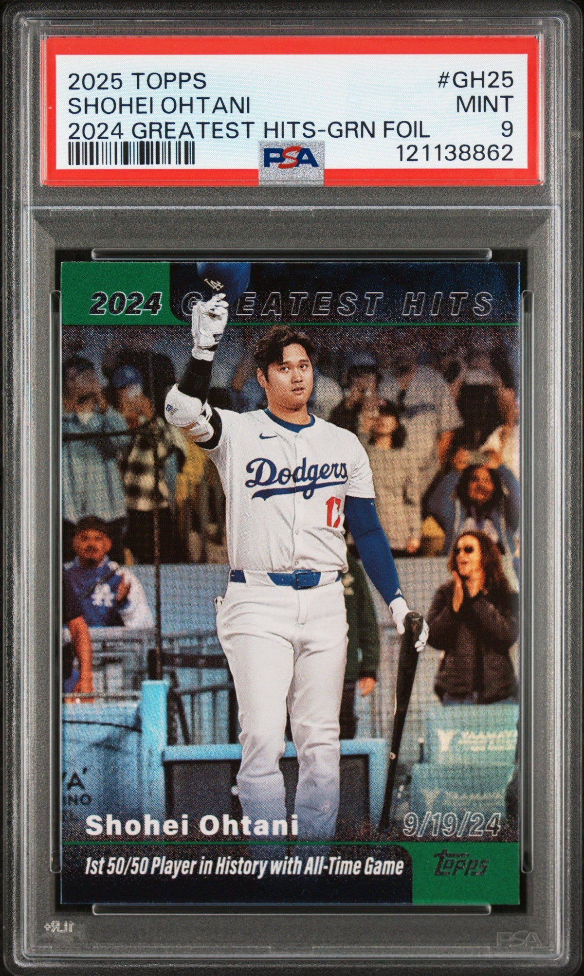 Shohei Ohtani 2025 Topps '24 Greatest Hits Green Foil SP 63/99 PSA 9