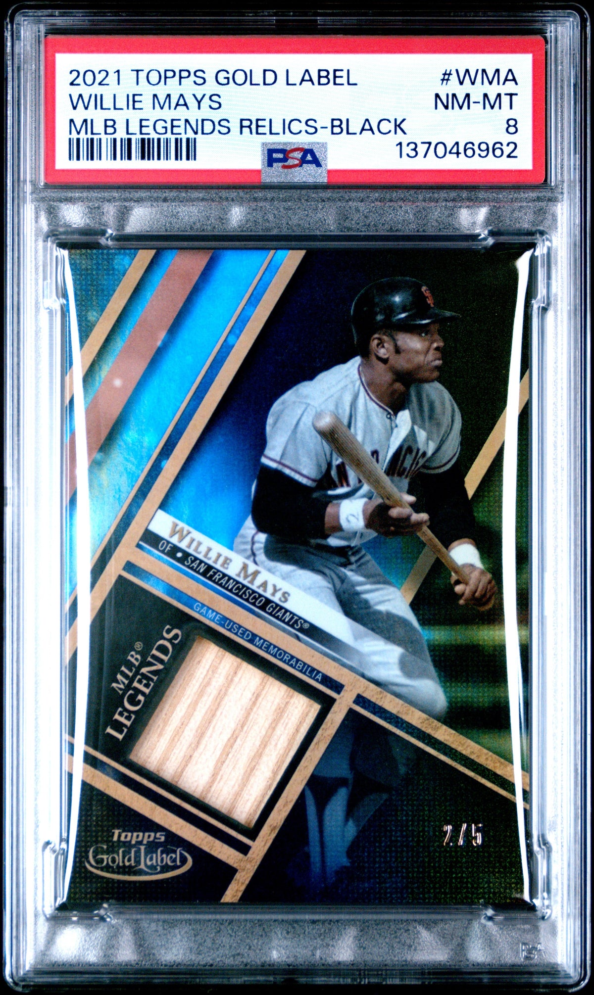 Willie Mays 2021 Topps Gold Label Black Game Used Bat Piece SP 2/5 PSA 8