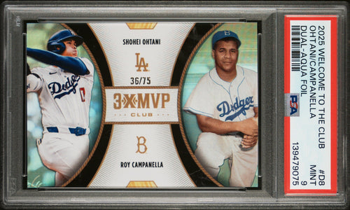 Shohei Ohtani Roy Campanella 2025 Topps Welcome To The Club Aqua 3x MVP SP 36/75 PSA 9