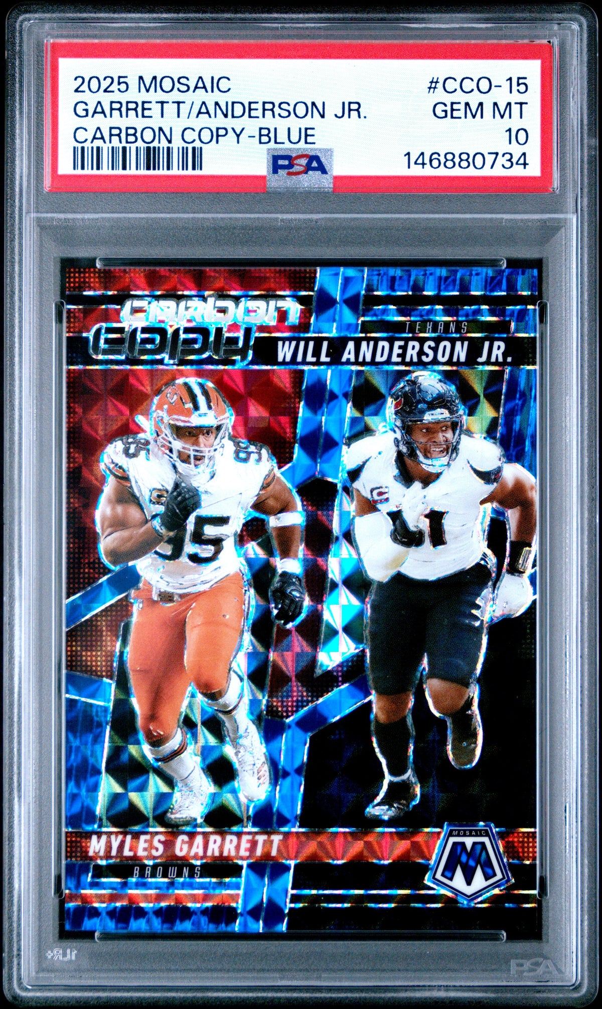 Myles Garrett Will Anderson Jr 2025 Panini Mosaic Blue Carbon Copy SP 8/99 PSA 10