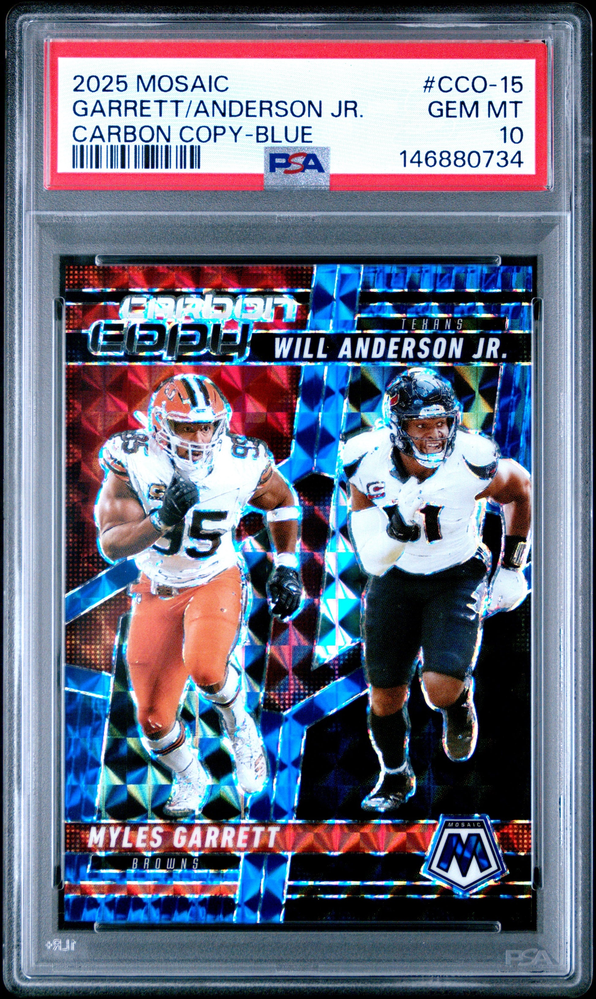 Myles Garrett Will Anderson Jr 2025 Panini Mosaic Blue Carbon Copy SP 8/99 PSA 10