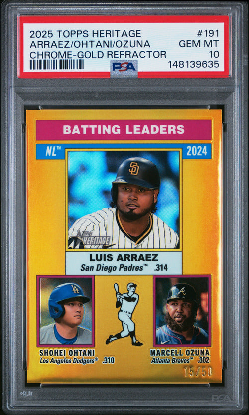 Ohtani Arraez Ozuna 2025 Topps Heritage Chrome Gold Refractor SP 15/50 PSA 10