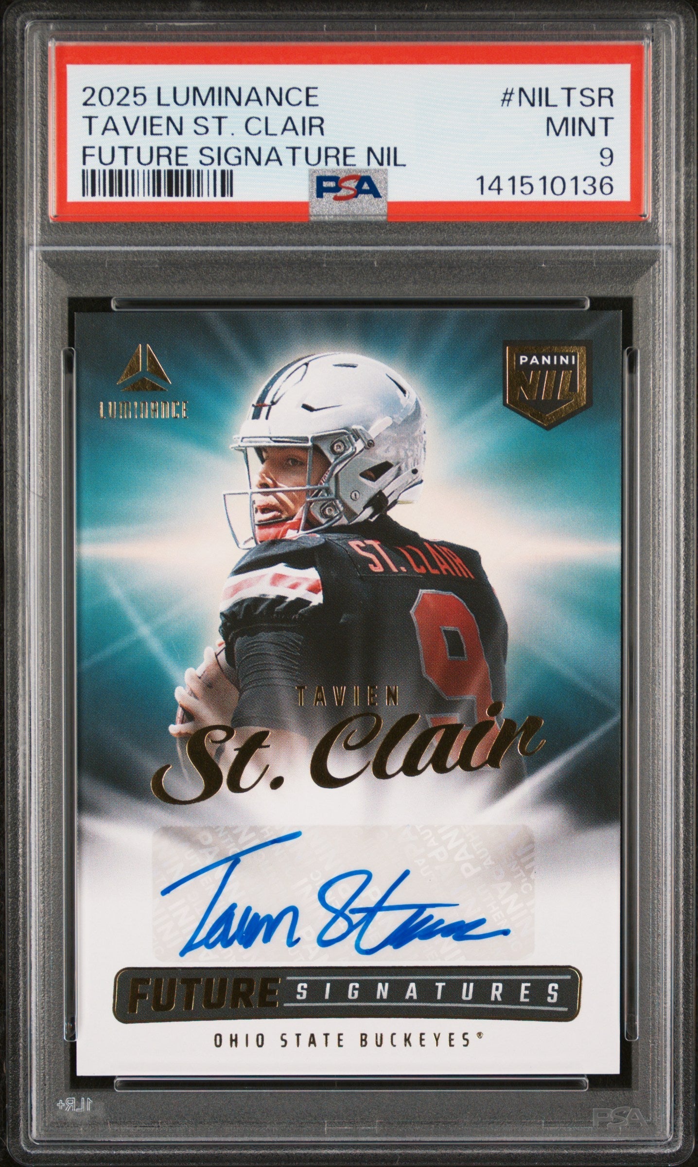 Tavien St. Clair RC 2025 Panini Luminance NIL Future Rookie Auto PSA 9