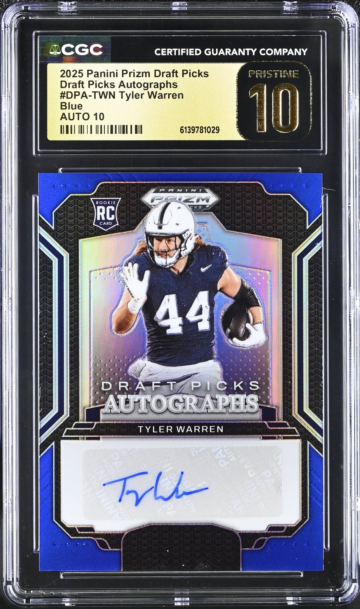 Tyler Warren RC 2025 Panini Prizm Draft Blue Rookie Auto SP 173/249 CGC 10 Pristine