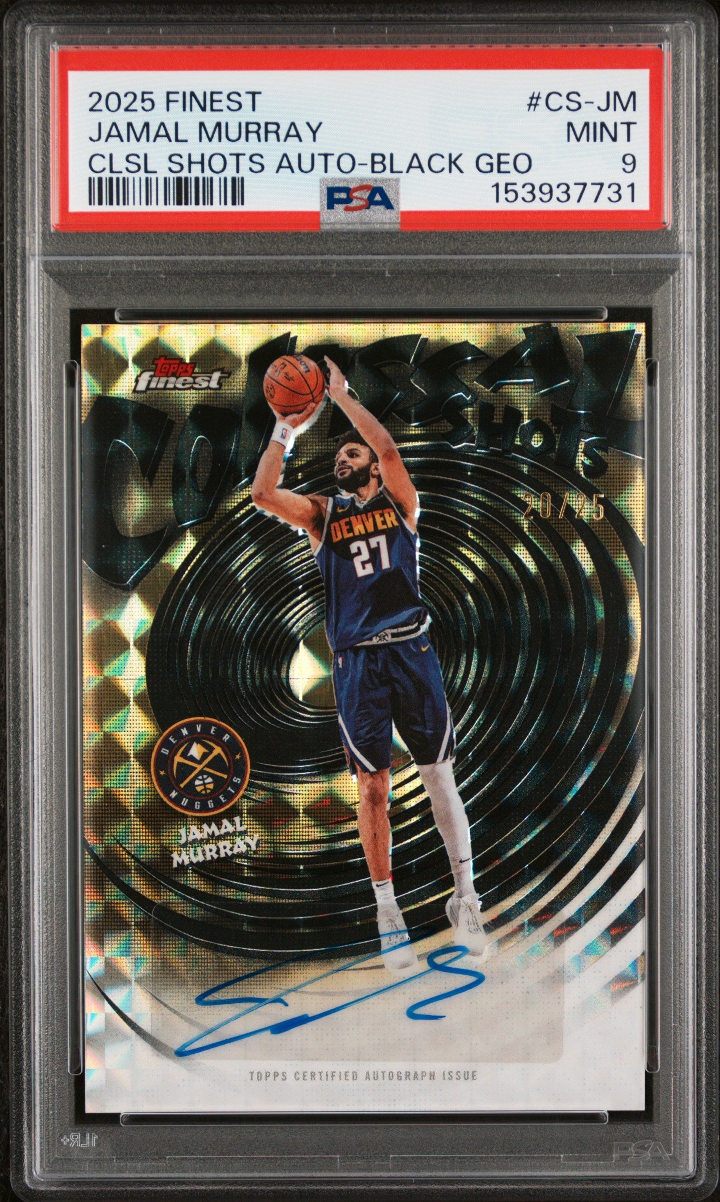 Jamal Murray 2025-26 Topps Finest Black Geometric Colossal Shots Auto SP 20/25 PSA 9