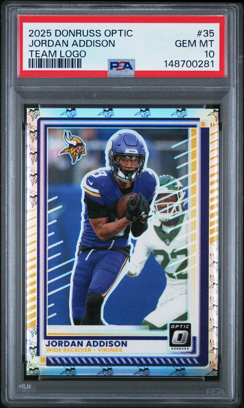 Jordan Addison 2025 Donruss Optic Team Logo Prizm SP 11/32 PSA 10