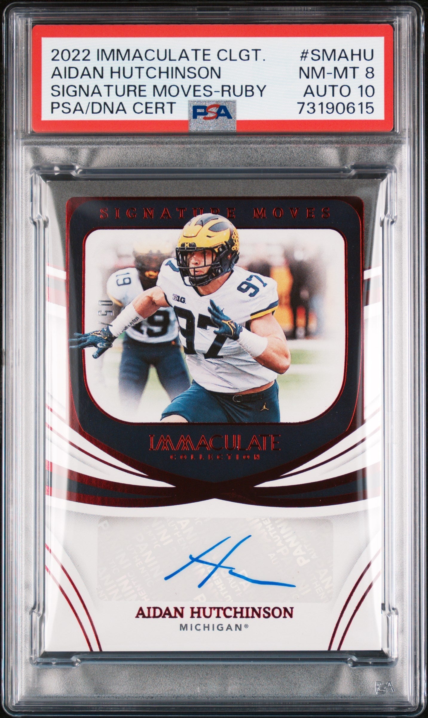 Aidan Hutchinson RC 2022 Immaculate Collegiate Red Signature Moves Rookie Auto SP 5/49 PSA 8