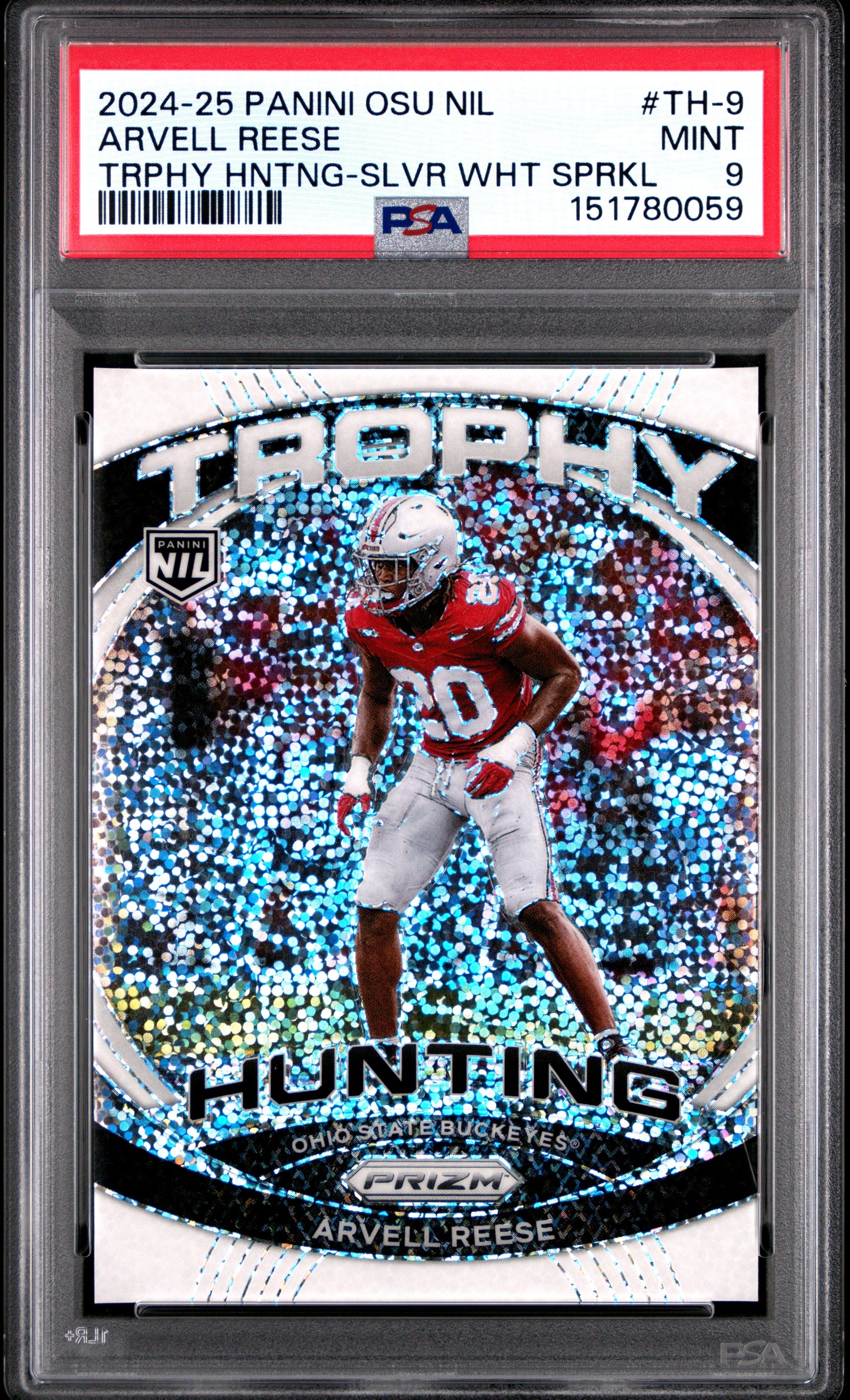 Arvell Reese RC 2024 Panini OSU Prizm White Sparkle Trophy Hunting Rookie SSP PSA 9