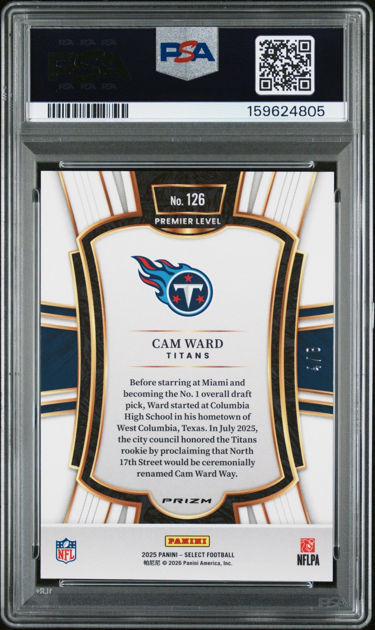 Cam Ward RC 2025 Panini Select Premier Level Lucky Envelope Rookie SP 4/8 PSA 9
