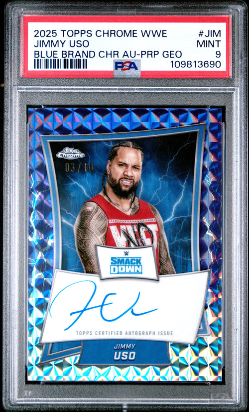 Jimmy Uso 2025 Topps Chrome WWE Purple Geometric Blue Brand Auto SP 3/10 PSA 9