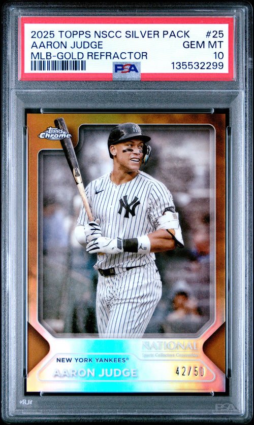 Aaron Judge 2025 Topps Chrome National Convention Gold Refractor SP 42/50 PSA 10