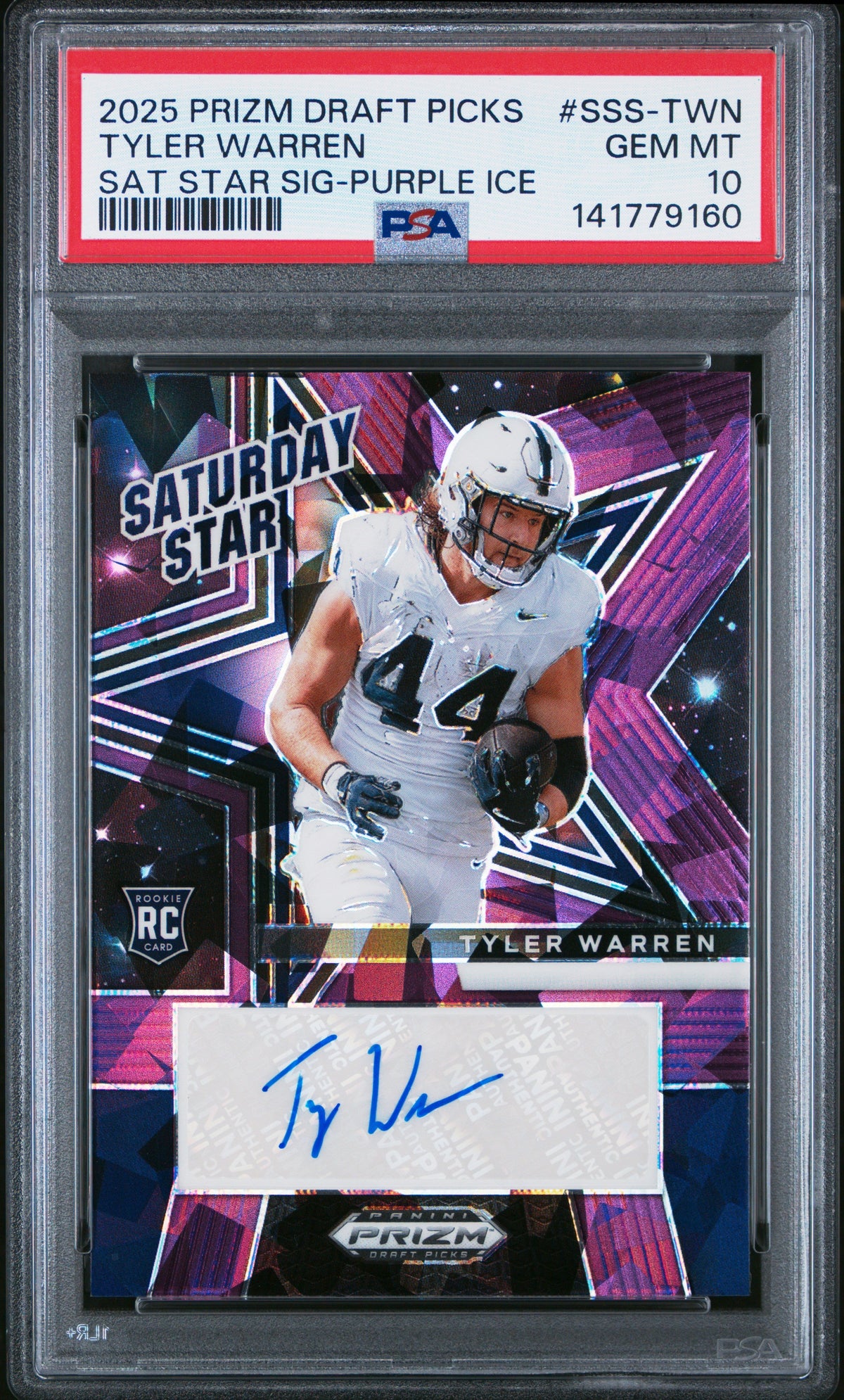 Tyler Warren RC 2025 Panini Prizm Draft Purple Ice Saturday Star Rookie Auto SP 14/50 PSA 10