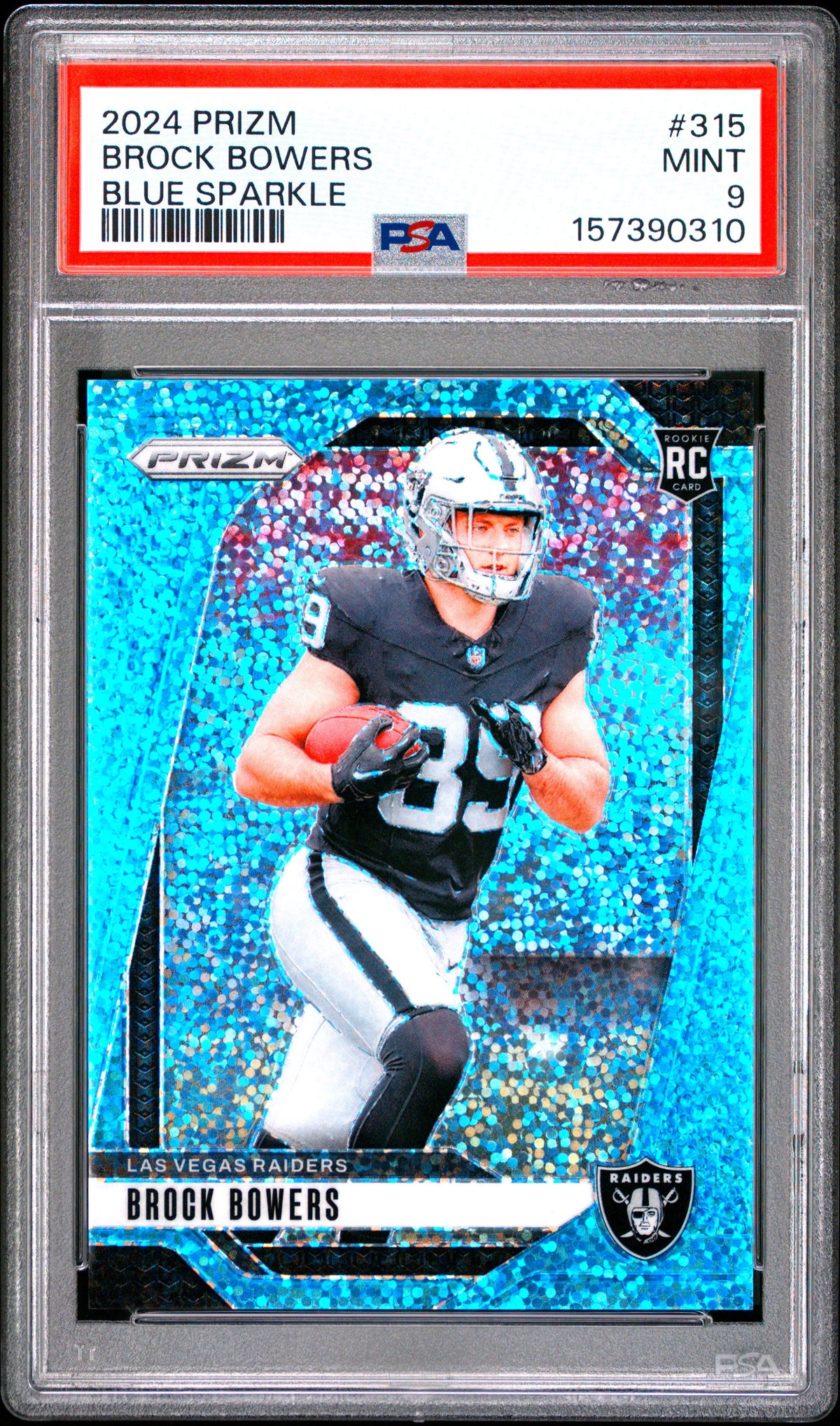Brock Bowers RC 2024 Panini Prizm Blue Sparkle Rookie SP 67/96 PSA 9