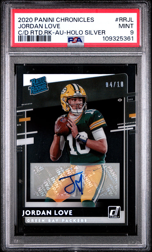 Jordan Love RC 2020 Panini Chronicles Clearly Donruss Holo Silver Rated Rookie Auto SP 4/10 PSA 9