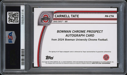 Carnell Tate RC 2024 Bowman U Chrome Green Rookie Auto SP 85/99 PSA 10