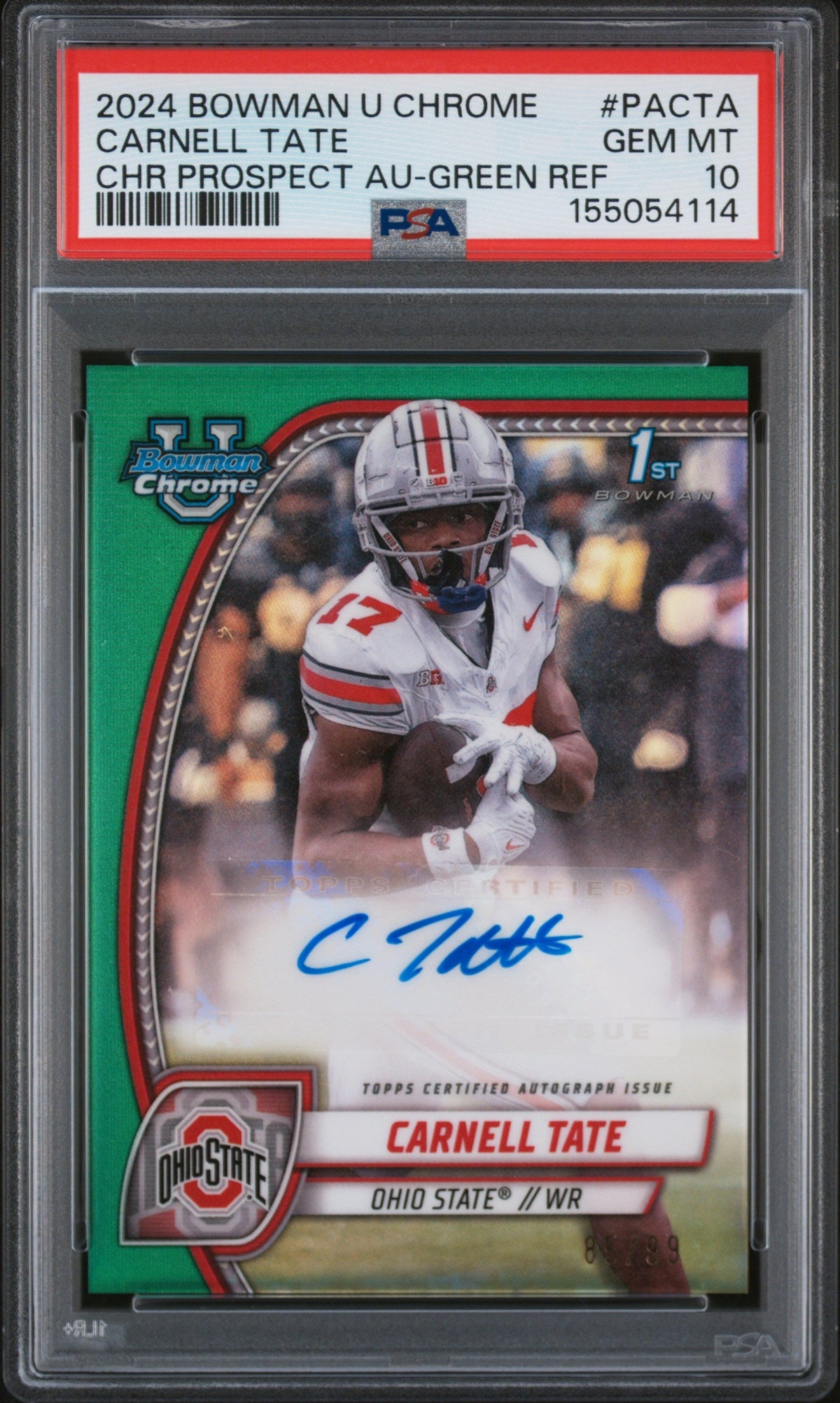Carnell Tate RC 2024 Bowman U Chrome Green Rookie Auto SP 85/99 PSA 10