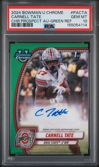 Carnell Tate RC 2024 Bowman U Chrome Green Rookie Auto SP 85/99 PSA 10