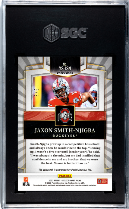 Jaxon Smith-Njigba RC 2023 Panini Select Draft Green Youth Explosion Rookie Auto SP 3/5 SGC 9.5