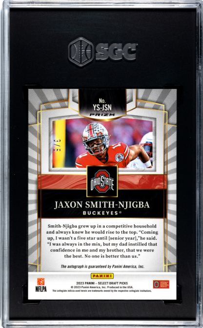 Jaxon Smith-Njigba RC 2023 Panini Select Draft Green Youth Explosion Rookie Auto SP 3/5 SGC 9.5