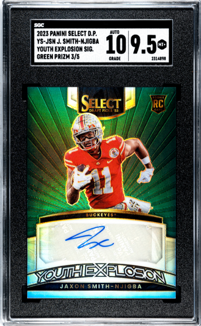 Jaxon Smith-Njigba RC 2023 Panini Select Draft Green Youth Explosion Rookie Auto SP 3/5 SGC 9.5