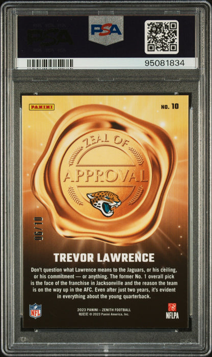 Trevor Lawrence 2023 Panini Zenith Gold Zeal Of Approval SP 6/10 PSA 10
