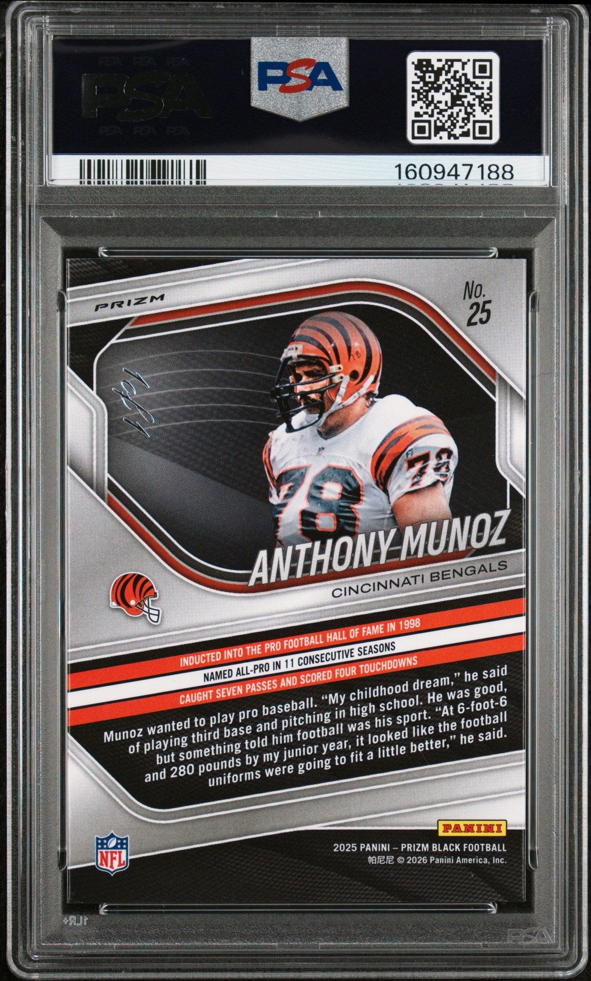 2025 Panini Prizm Black #25 Anthony Munoz Nebula Fotl 1/1 PSA 9
