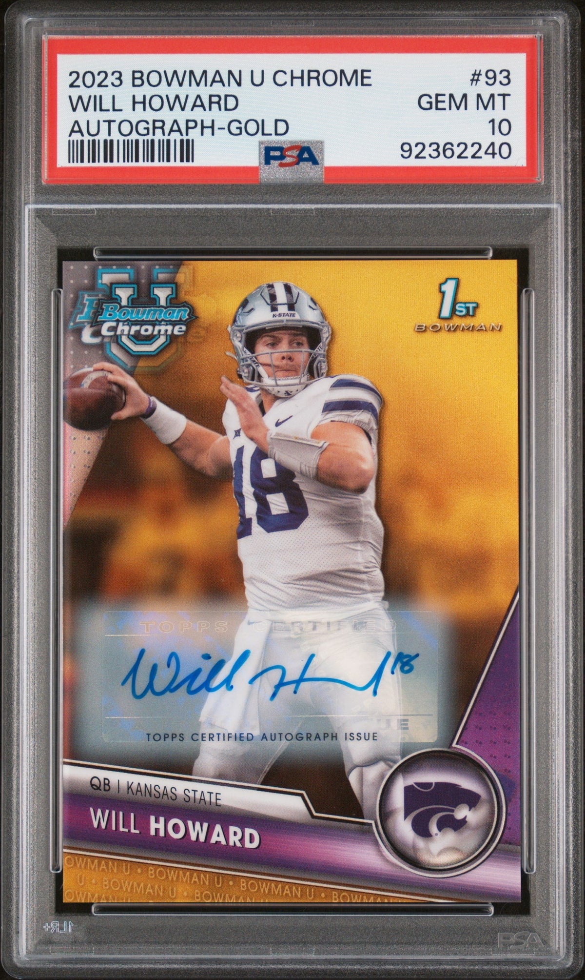 2023 Bowman University Chrome #93 Will Howard Autograph-Gold Refractor 36/50 PSA 10