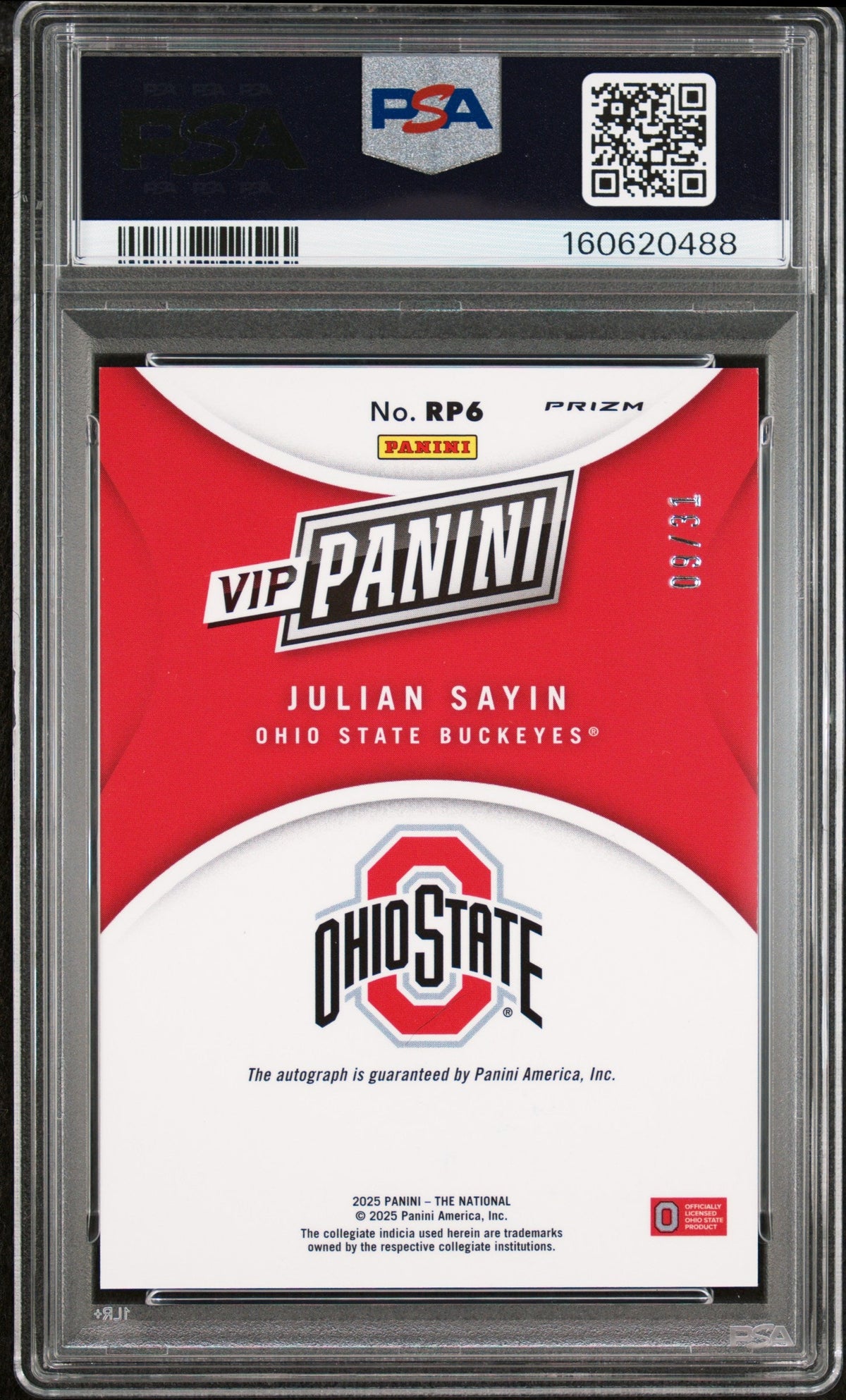 Julian Sayin 2025 Panini National Sports Collectors Convention Vip Gold Autograph 9/31 #RP6 PSA 8