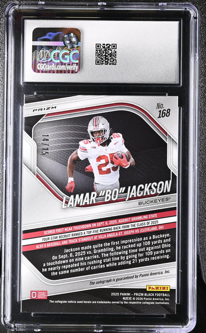 Lamar "Bo" Jackson Blue Shimmer FOTL 2025 Prizm Black Autographs 14/15 #168 CGC 9.5 Auto 10