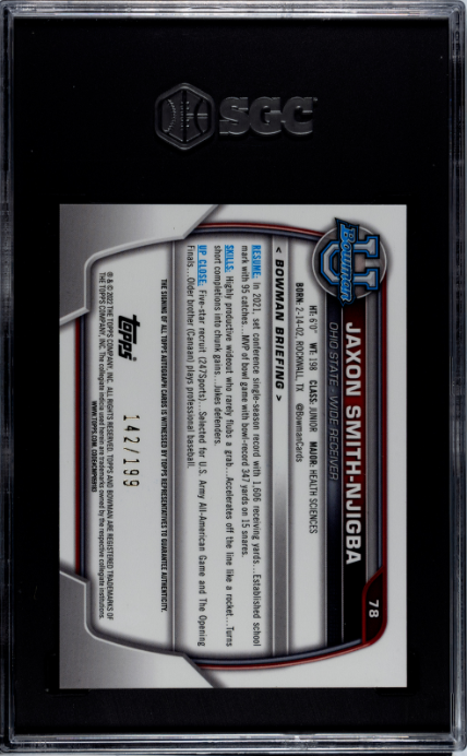 Jaxon Smith-Njigba 2022 Bowman University Chrome Auto. Lava Refractor 142/199 #78 SGC 10