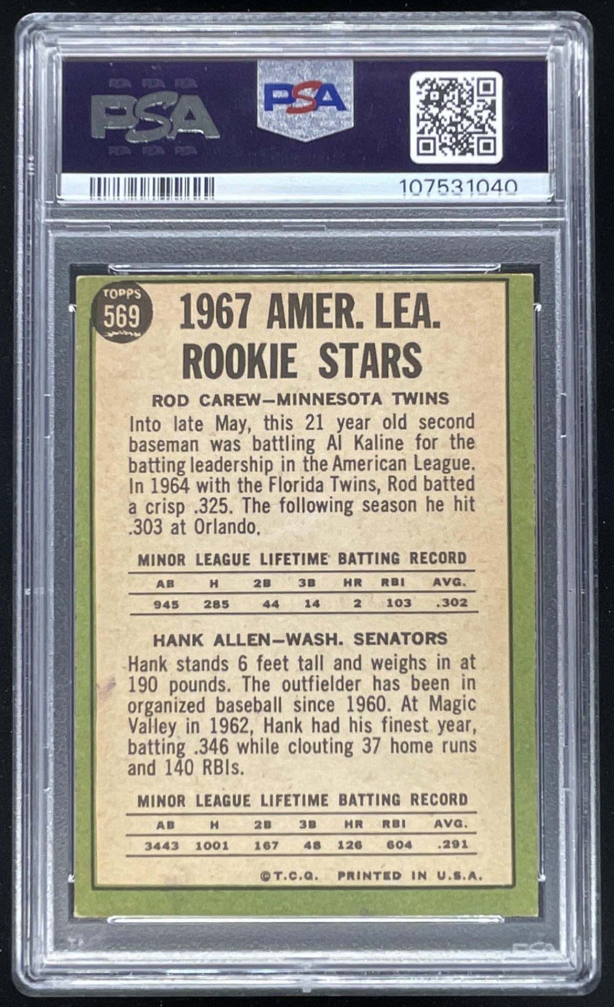 1967 Topps #569 A. League Rookie Stars Rod Carew Hank Allen RS, RC, PSA 5