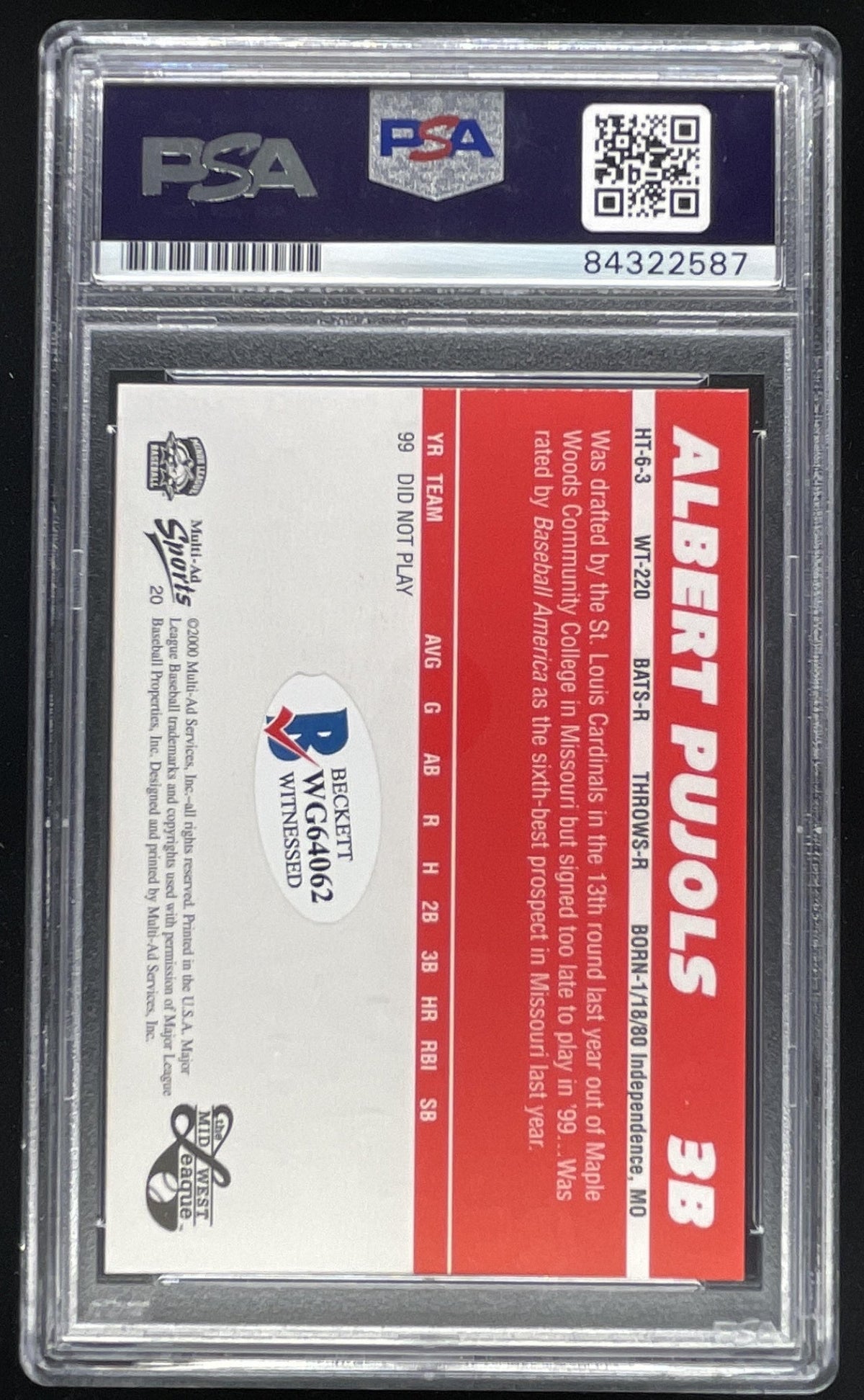 2000 Multi-AD Autographed #3B ALBERT PUJOLS Auto PSA Authentic Autograph