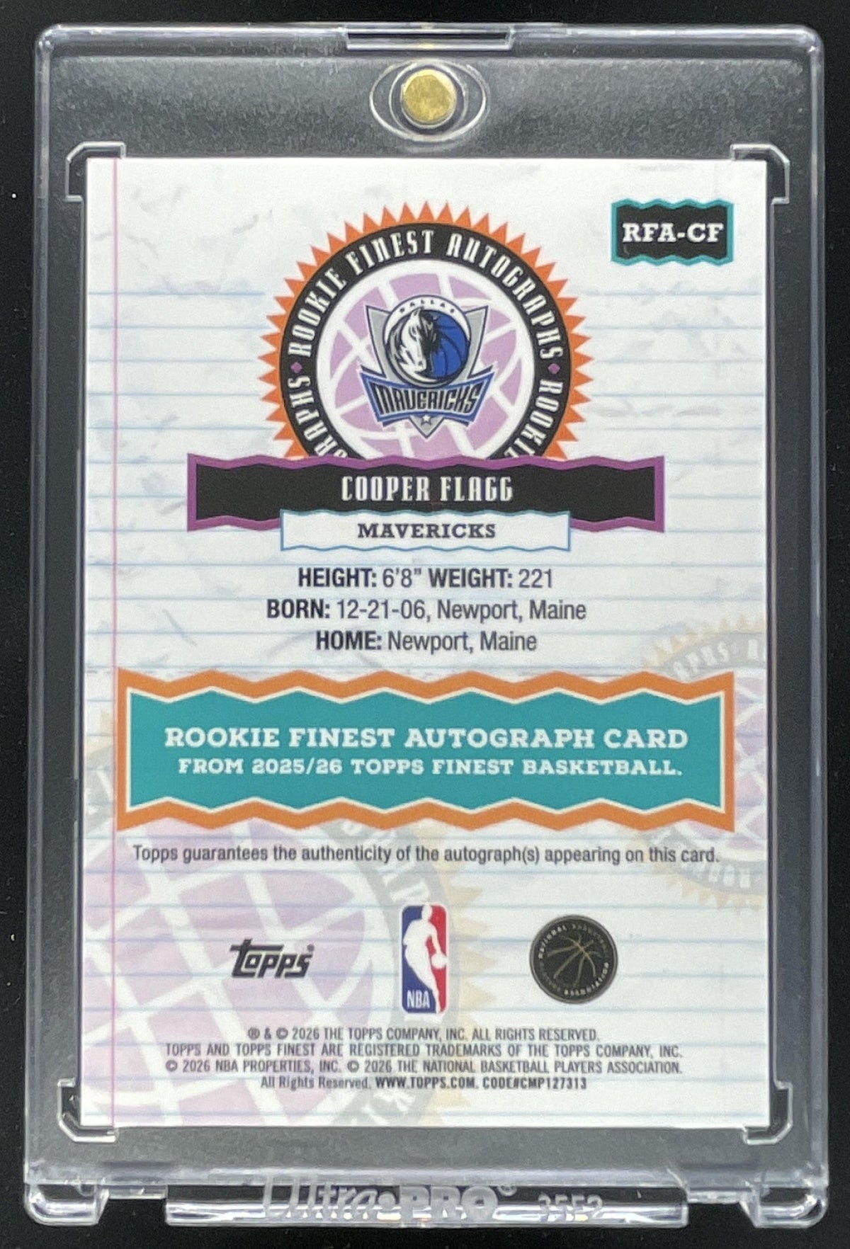 2025-26 Topps Finest Rookie Finest Autographs #RFA-CF Cooper Flagg RC Auto