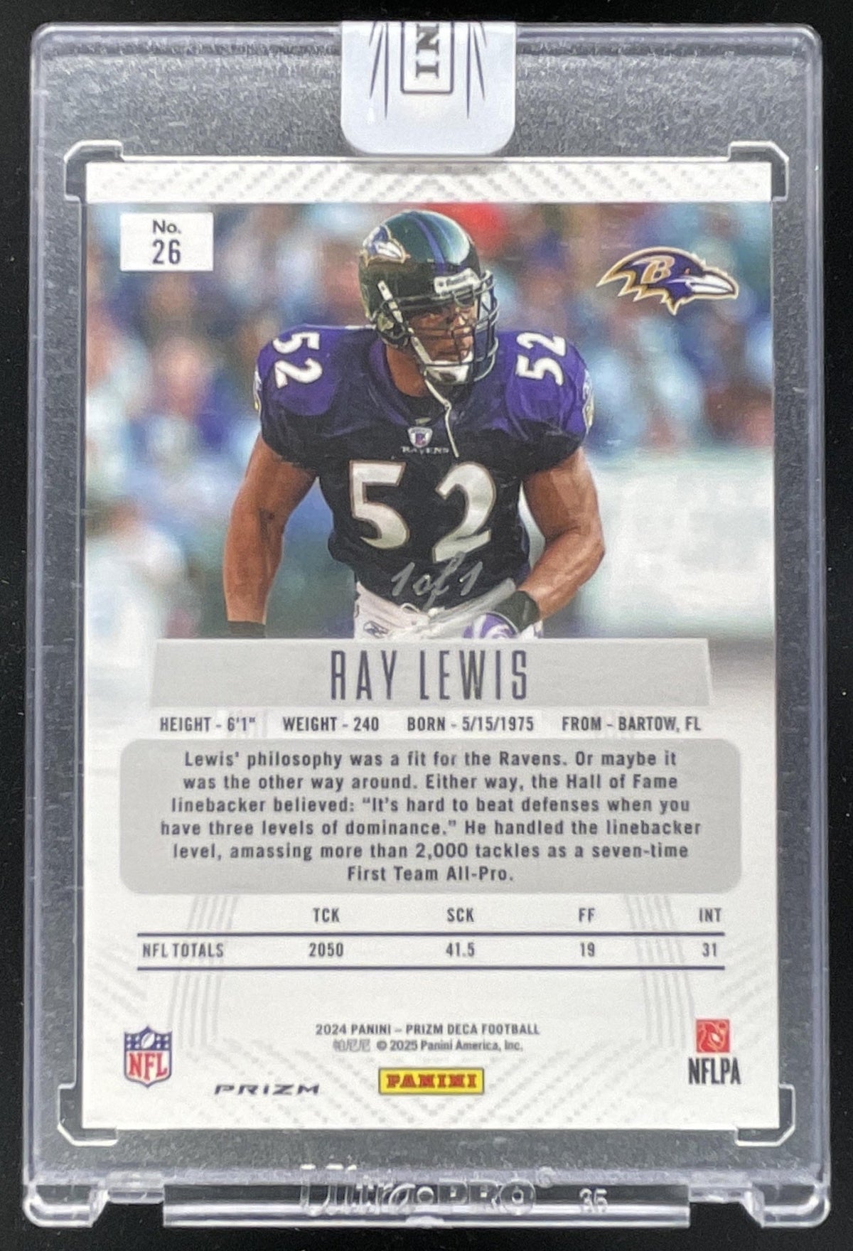 2024 Panini Prizm Deca Black Prizm #26 Ray Lewis 1/1