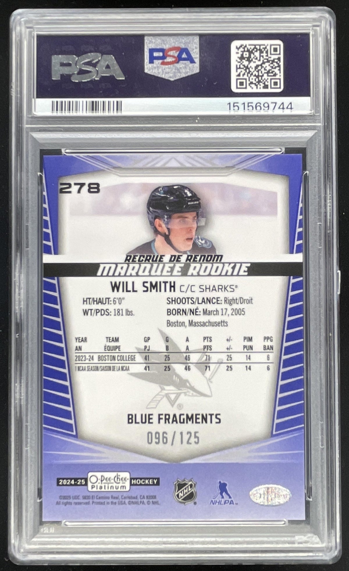 2024 O-Pee-Chee Platinum Blue Fragments #278 Will Smith RC Marquee /125 PSA 10