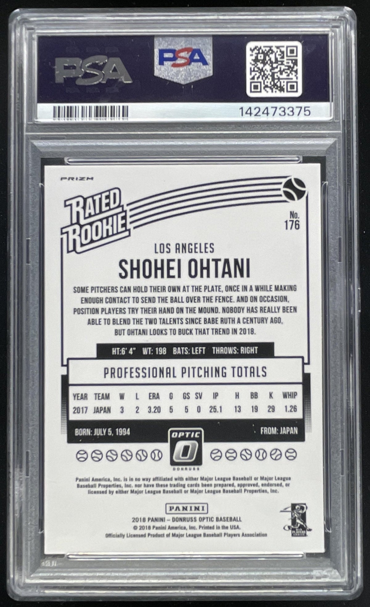 2018 Donruss Optic Pink Prizm #176 Shohei Ohtani RC Rated VAR PSA 9