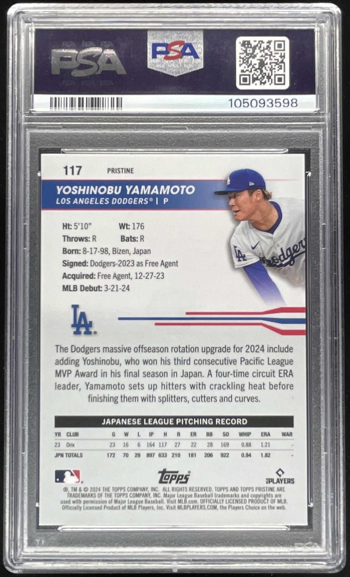 2024 Topps Pristine Orange Refractor #117 Yoshinobu Yamamoto RC /25 PSA 10